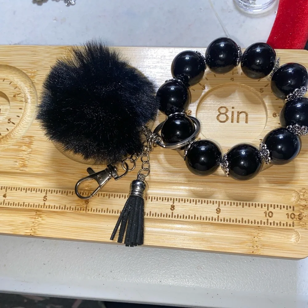 Beaded in Black Bracelet Keychain with Tassel